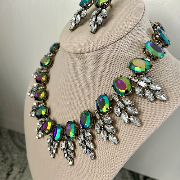 Statement Necklace Earrings Set Retro/Vintage Style Gem Rhinestone AB - Picture 4 of 5